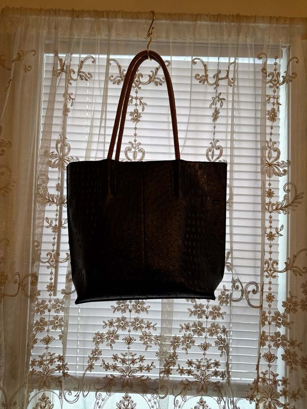 FALOR Italy Ostrich and Croc Embossed Leather Tote Bag with Woven Straps